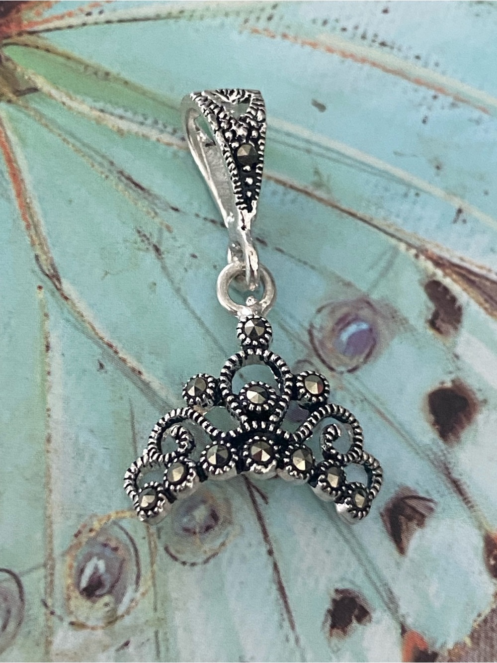 Sterling Silver Marcasite Filigree Drop Necklace Pendant - Silver